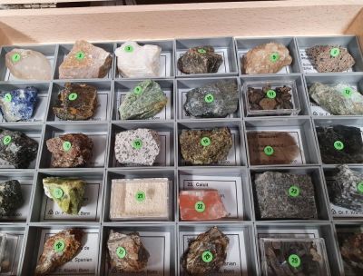30 Gesteinsbildende Mineralien 45 x 60 mm im Holzkasten